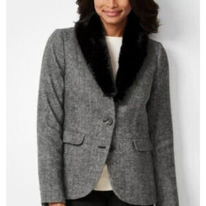 Talbots Aberdeen Wool Blazer Womens 2 Removable Collar Grey Herringbone Shetland